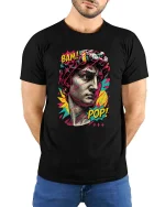 Pop Art David Statue T Shirt Bam Pop Graphic Style - model wearing black tee with hands behind back