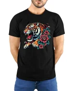 Tiger Bloom Art T Shirt Gothic Floral Power - model wearing black tee with hands behind back
