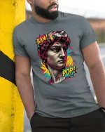 Pop Art David Statue T Shirt Bam Pop Graphic Style - model wearing grey tee, leaning on column