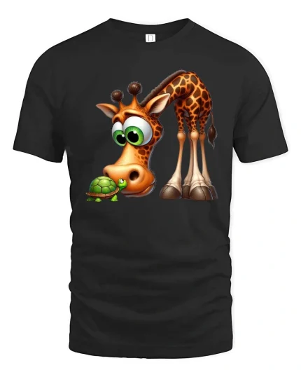 Funny Giraffe and Turtle Cartoon Graphic T Shirt - black t-shirt on white background