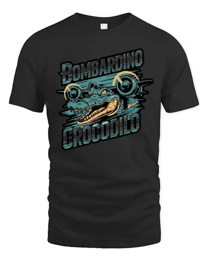 Bombardino Crocodilo Retro Crocodile Graphic T Shirt - black t-shirt on white background