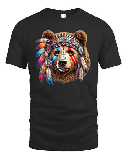 Tribal Bear Headdress Colorful Graphic T Shirt - black t-shirt on white background