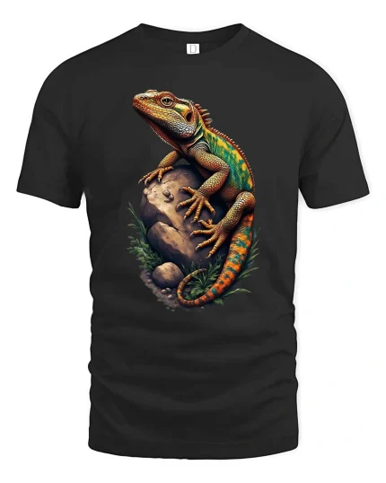 Colorful Iguana On Rock Graphic T Shirt - black t-shirt on white background