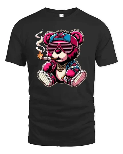 Cool Street Style Teddy Bear Graphic Tee - black t-shirt on white background