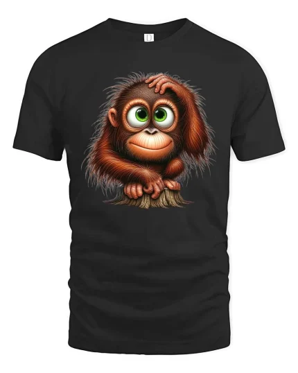 Cute Big Eyed Monkey Cartoon Graphic T Shirt - black t-shirt on white background
