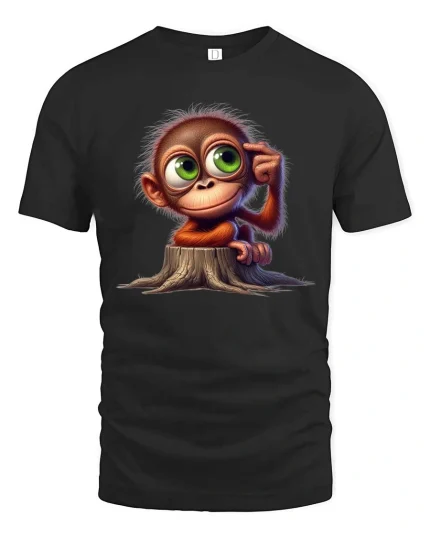 Cute Thinking Monkey Cartoon Graphic T Shirt - black t-shirt on white background