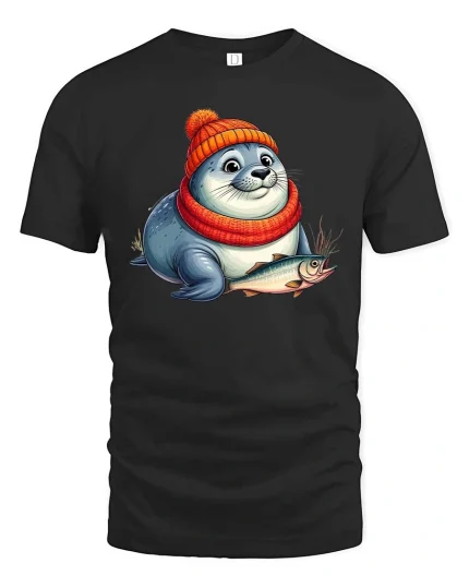 Adorable Winter Seal with Fish T Shirt - black t-shirt on white background