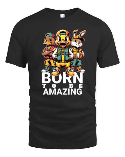 Born To Be Amazing Cartoon Animal Squad T Shirt - black t-shirt on white background