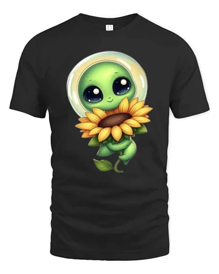 Cute Alien Holding Sunflower Cartoon Graphic T Shirt - black t-shirt on white background