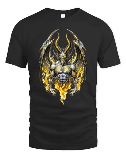 Fiery Demon Skull Winged Monster Graphic T Shirt - black t-shirt on white background