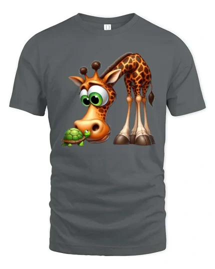 Funny Giraffe and Turtle Cartoon Graphic T Shirt - gray t-shirt on white background