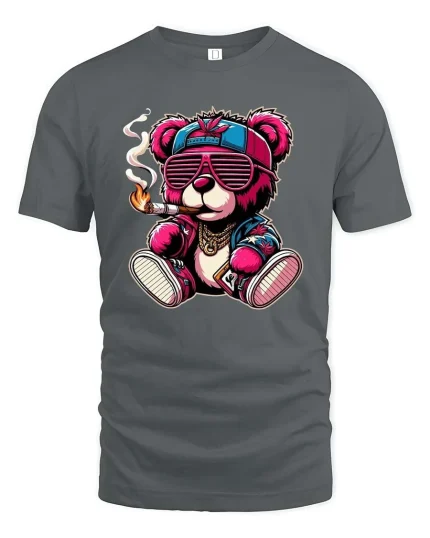 Cool Street Style Teddy Bear Graphic Tee - gray t-shirt on white background