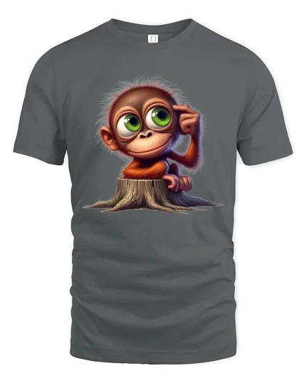 Cute Thinking Monkey Cartoon Graphic T Shirt - gray t-shirt on white background