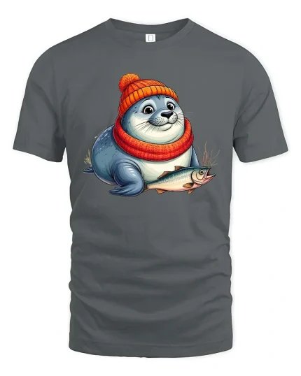 Adorable Winter Seal with Fish T Shirt - gray t-shirt on white background