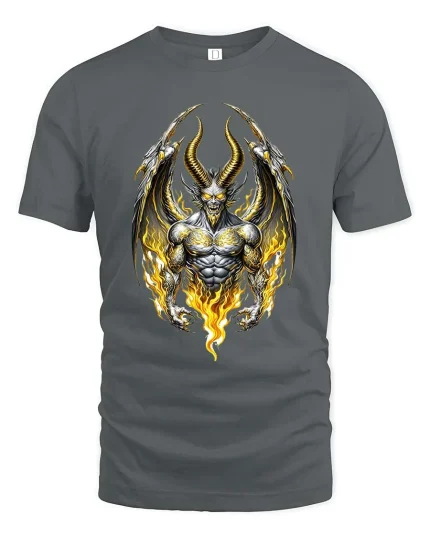 Fiery Demon Skull Winged Monster Graphic T Shirt - gray t-shirt on white background