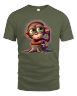 Cute Thinking Monkey Cartoon Graphic T Shirt - military green t-shirt on white background