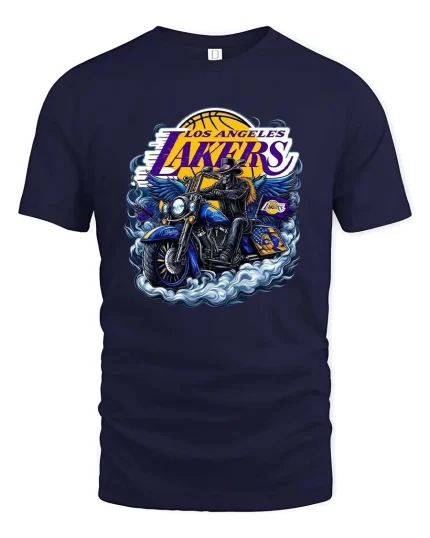 Los Angeles Lakers Biker Style Graphic T Shirt - navy t-shirt on white background