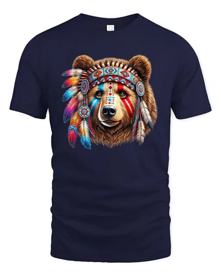Tribal Bear Headdress Colorful Graphic T Shirt - navy t-shirt on white background