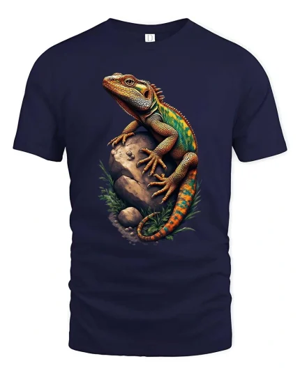 Colorful Iguana On Rock Graphic T Shirt - navy t-shirt on white background