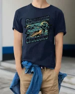 Bombardino Crocodilo Retro Crocodile Graphic T Shirt - model wearing navy tee with hands in pockets