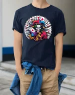 Evil Clown Card Master Graphic T Shirt - model wearing navy tee with hands in pockets
