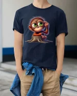 Cute Thinking Monkey Cartoon Graphic T Shirt - model wearing navy tee with hands in pockets