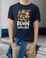 Born To Be Amazing Cartoon Animal Squad T Shirt - model wearing navy tee with hands in pockets