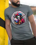 Evil Clown Card Master Graphic T Shirt - model wearing grey tee, leaning on column