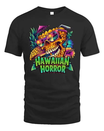 Hawaiian Horror Pineapple Skull Graphic T Shirt - black t-shirt on white background
