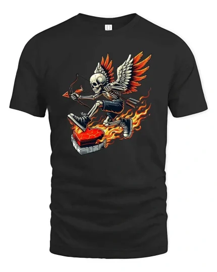 Flaming Cupid Skeleton Graphic T Shirt - black t-shirt on white background