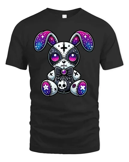 Gothic Galaxy Bunny Plush Graphic T Shirt - black t-shirt on white background