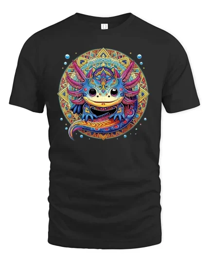 Colorburst Axolotl Art Tee - black t-shirt on white background