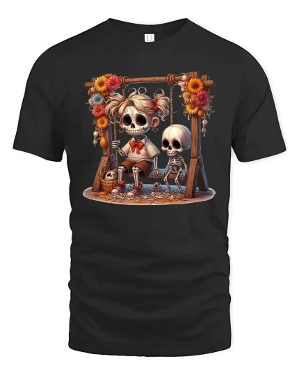 Sweet Skeleton Swing Graphic T Shirt - black t-shirt on white background