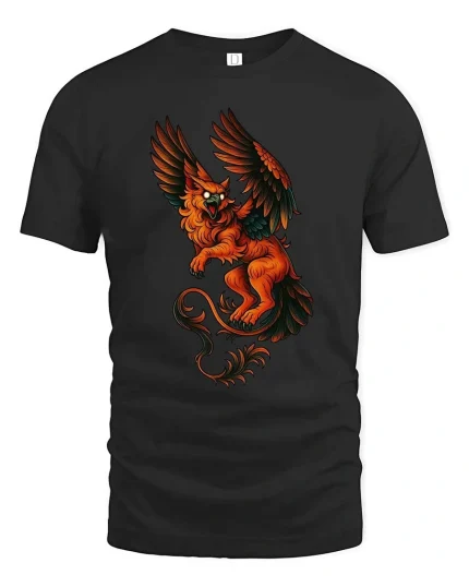 Fiery Griffin Guardian Graphic T Shirt - black t-shirt on white background