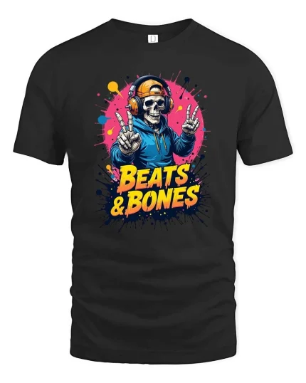 Beats And Bones Skeleton DJ Graphic T Shirt - black t-shirt on white background
