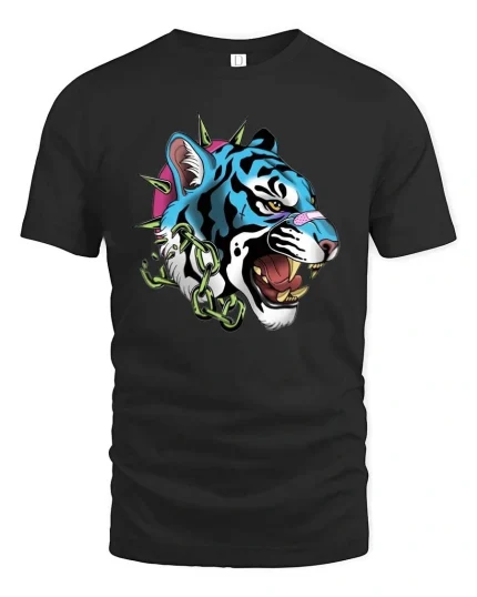 Savage Blue Tiger Punk Graphic T Shirt Street Style - black t-shirt on white background