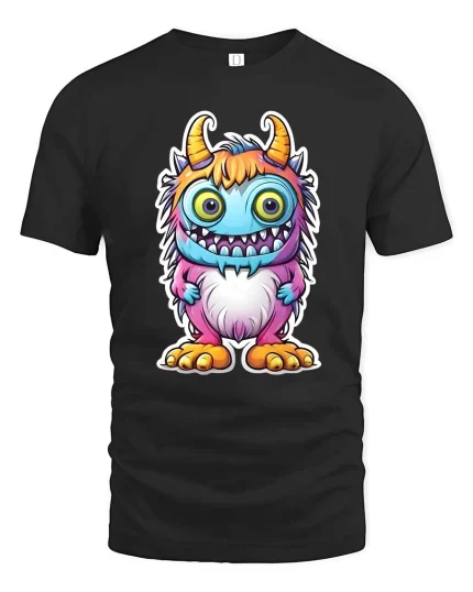 Cute Colorful Monster Cartoon Graphic T Shirt - black t-shirt on white background