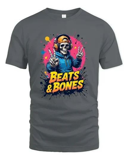 Beats And Bones Skeleton DJ Graphic T Shirt - gray t-shirt on white background