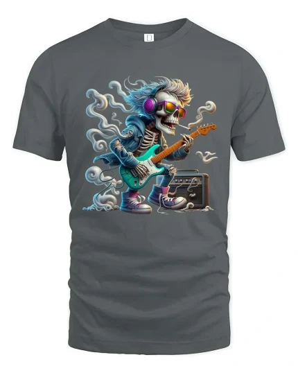 Rocking Skeleton Guitarist Graphic T Shirt - gray t-shirt on white background