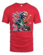 Rocking Skeleton Guitarist Graphic T Shirt - red t-shirt on white background