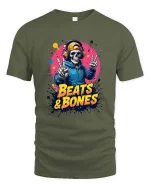 Beats And Bones Skeleton DJ Graphic T Shirt - military green t-shirt on white background