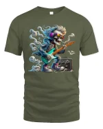 Rocking Skeleton Guitarist Graphic T Shirt - military green t-shirt on white background