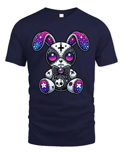 Gothic Galaxy Bunny Plush Graphic T Shirt - navy t-shirt on white background