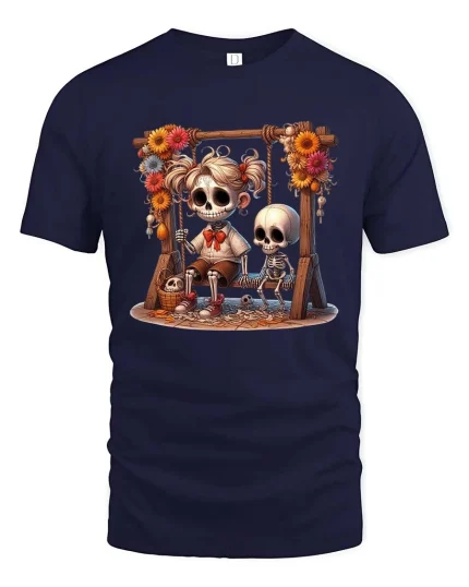 Sweet Skeleton Swing Graphic T Shirt - navy t-shirt on white background