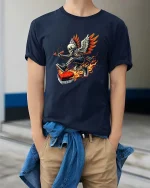 Flaming Cupid Skeleton Graphic T Shirt - model wearing navy tee with hands in pockets