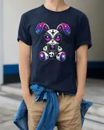 Gothic Galaxy Bunny Plush Graphic T Shirt - model wearing navy tee with hands in pockets