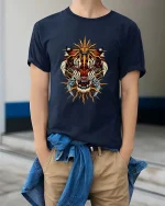 Solar Fury Tiger Graphic T Shirt - model wearing navy tee with hands in pockets