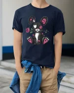 Gothic Stitch Bunny Graphic T Shirt - model wearing navy tee with hands in pockets