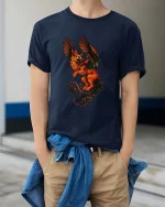 Fiery Griffin Guardian Graphic T Shirt - model wearing navy tee with hands in pockets