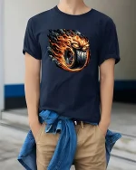 Blazing Fury Tire Demon Graphic T Shirt - model wearing navy tee with hands in pockets